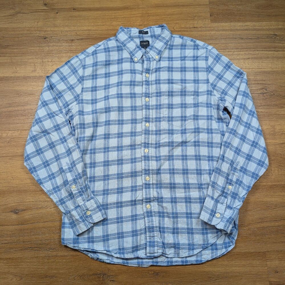 J Crew Long Sleeve Button Down Shirt Men Large Blue Plaid Slim Fit Linen Blend
